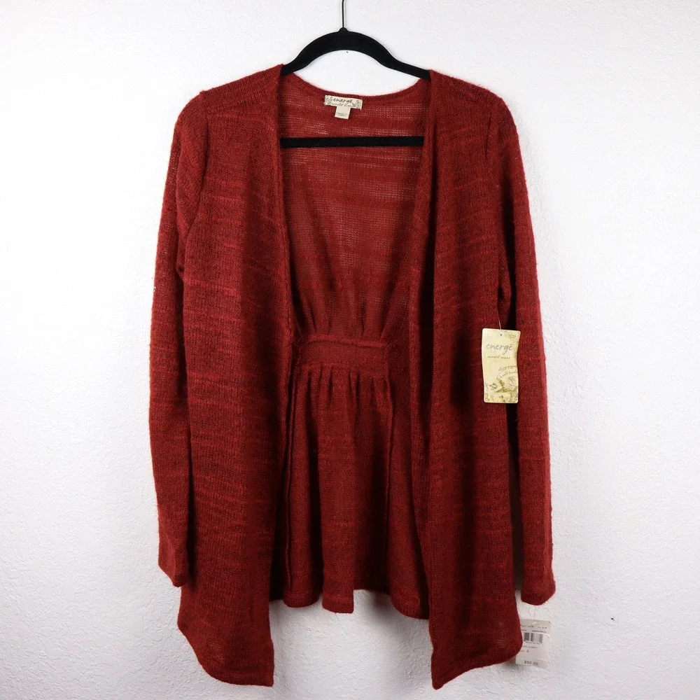 New W/Tag Energe World Wear Women's Red Open Weave Knit Cardigan‎ Sweater Size S